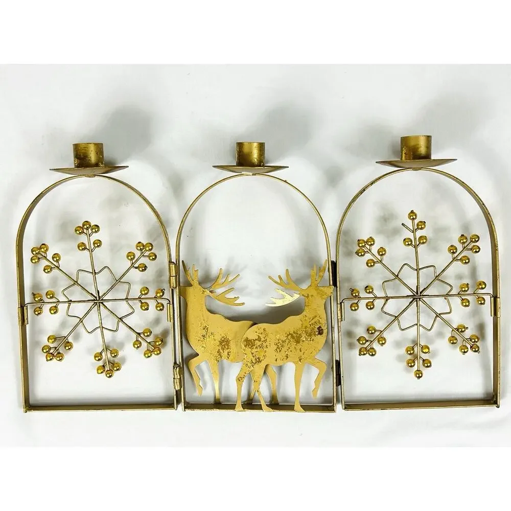 Gold Metal 3 Taper Candle Holder Reindeer Deer Snowflake Winter Holiday Decor